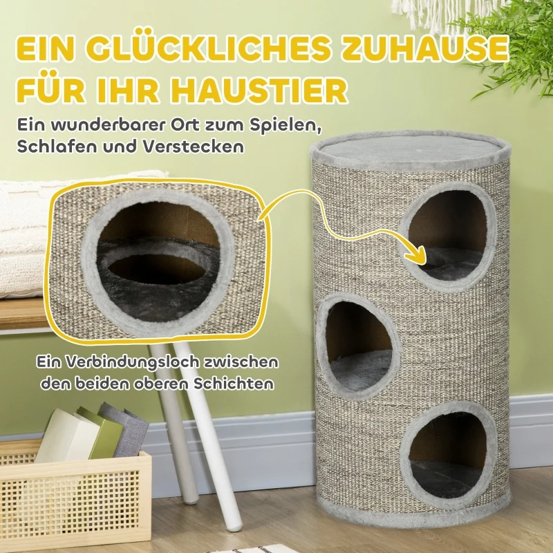 Subelementary Arbre à chat 3 niveaux 38x38x70cm gris clair – Griffoir sisal, robuste et confortable