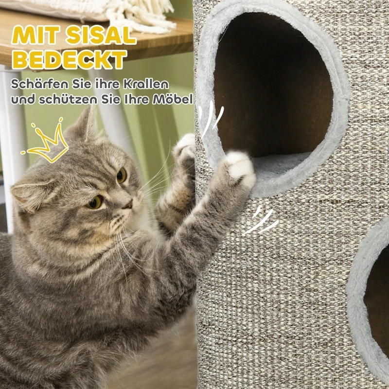 Subelementary Arbre à chat 3 niveaux 38x38x70cm gris clair – Griffoir sisal, robuste et confortable