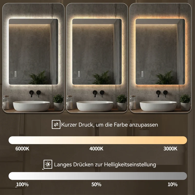 Bungarum Miroir LED 70x90cm – Miroir de Salle de Bain Sans Cadre, Rétroéclairé, Dimmable, Anti-Buée, Montage Vertical/Horizontal
