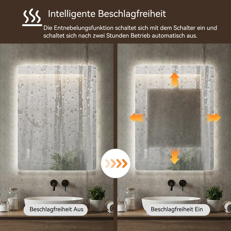 Bungarum Miroir LED 70x90cm – Miroir de Salle de Bain Sans Cadre, Rétroéclairé, Dimmable, Anti-Buée, Montage Vertical/Horizontal