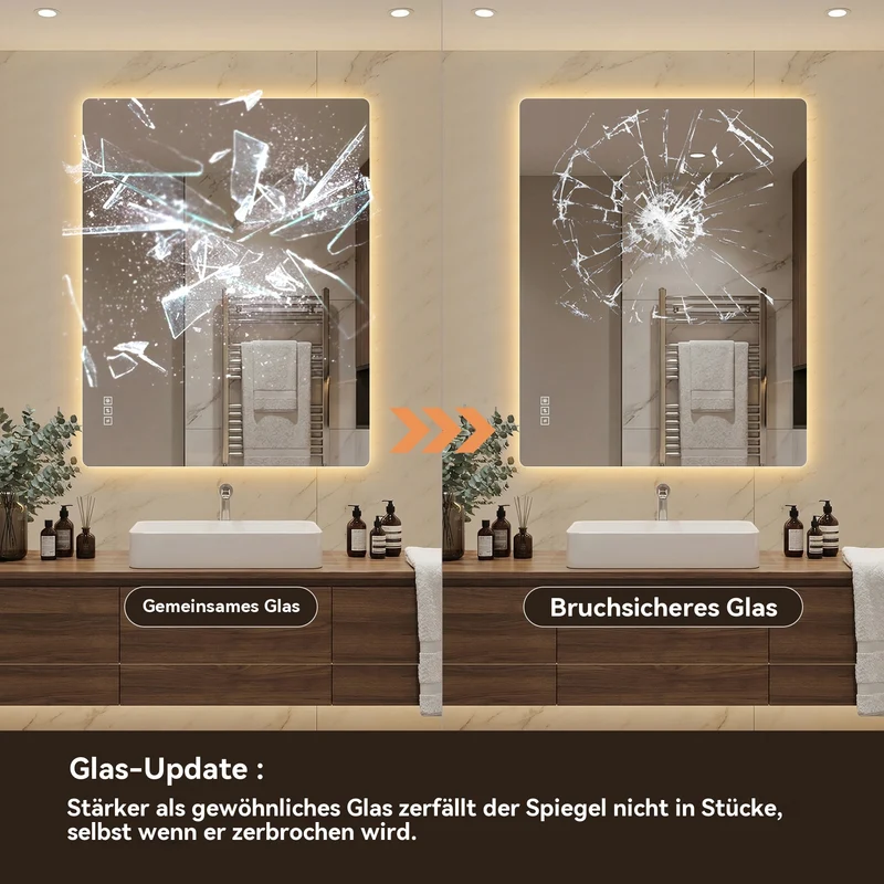 Bungarum Miroir LED 70x90cm – Miroir de Salle de Bain Sans Cadre, Rétroéclairé, Dimmable, Anti-Buée, Montage Vertical/Horizontal