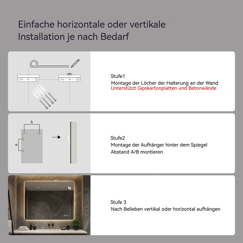 Bungarum Miroir LED 70x90cm – Miroir de Salle de Bain Sans Cadre, Rétroéclairé, Dimmable, Anti-Buée, Montage Vertical/Horizontal