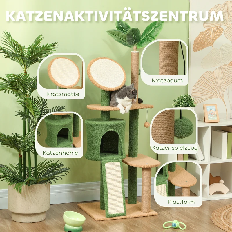 Mouching Arbre à chat 139 cm vert avec maisonnette, griffoirs sisal, pour chats jusqu'à 5 kg