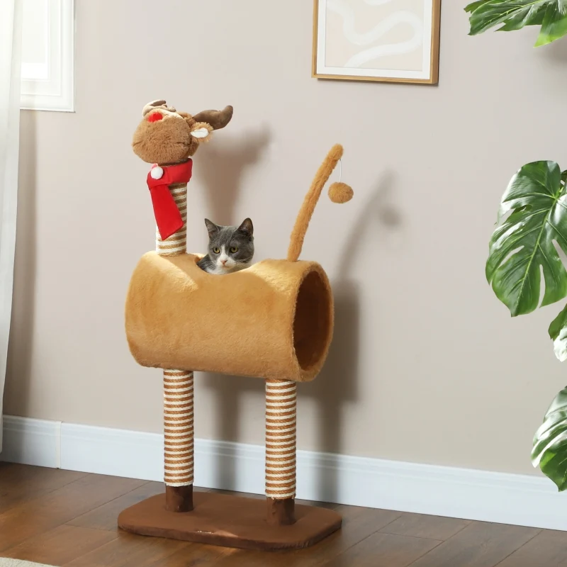 Unclify Arbre à chat 98 cm marron – Tour design cerf, griffoir, tunnel, balle, polyester