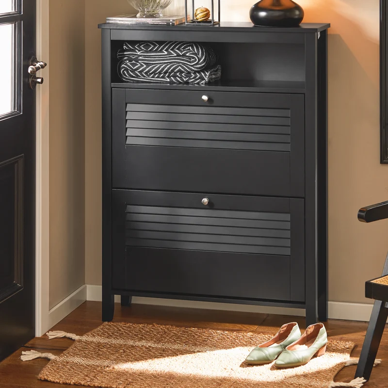 SoBuy FSR152-SCH Meuble à Chaussures à Abattants 2 Niveaux – Rangement Discret pour Entrée – 80x25x108 cm Noir
