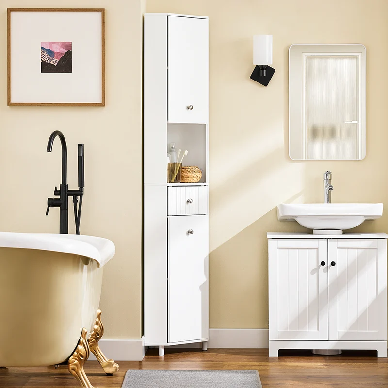 SoBuy BZR193-W Meuble de Rangement d'angle Salle de Bain, Armoire de Rangement Placard de Rangement Étroite, 1 Tiroir, 1 Compartiment Ouvert et 2 Portes