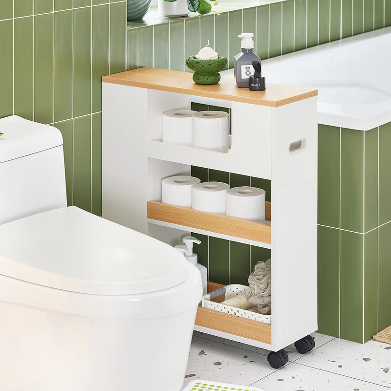 SoBuy BZR190-WN Support Papier Toilette Armoire Porte-Papier Toilette Porte Brosse WC Meuble de Salle de Bain sur roulettes