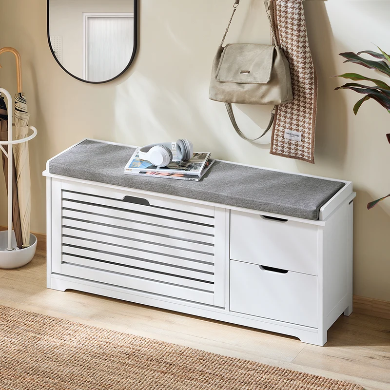 SoBuy FSR185-W Banc de Rangement, Meuble d'Entrée, Commode à Chaussure, Banquette avec Coussin Rembourré 1 Abattant et 2 Tiroir