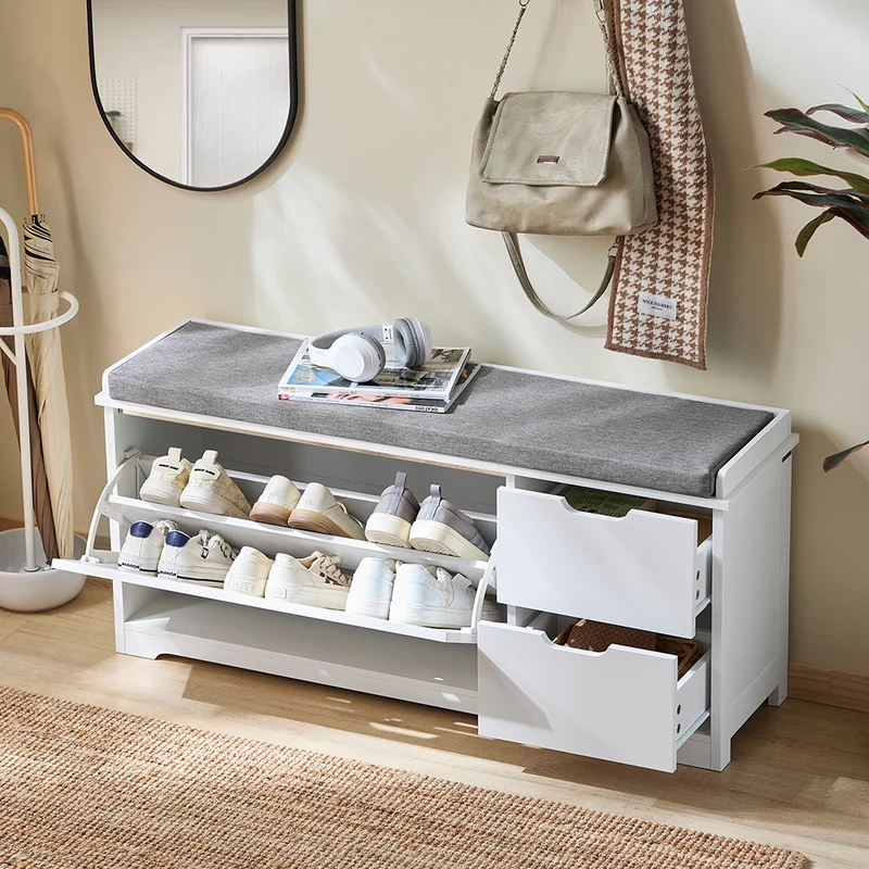 SoBuy FSR185-W Banc de Rangement, Meuble d'Entrée, Commode à Chaussure, Banquette avec Coussin Rembourré 1 Abattant et 2 Tiroir