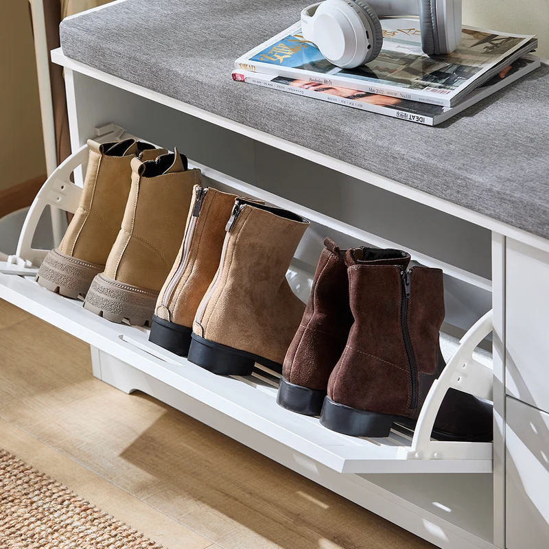 SoBuy FSR185-W Banc de Rangement, Meuble d'Entrée, Commode à Chaussure, Banquette avec Coussin Rembourré 1 Abattant et 2 Tiroir