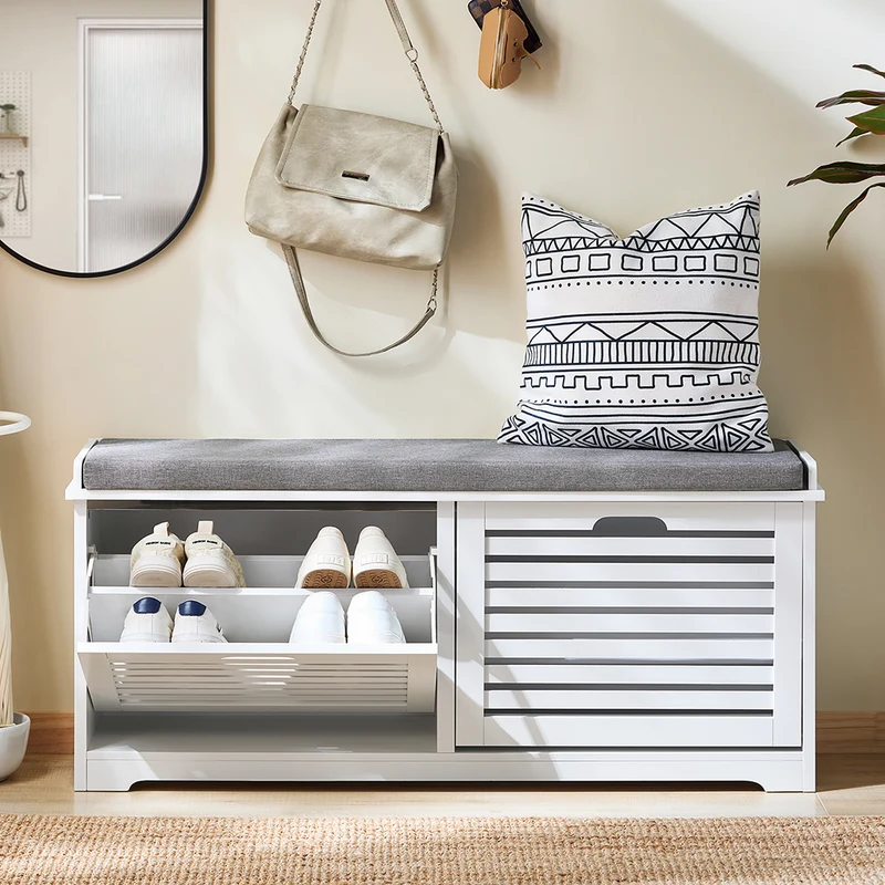 SoBuy FSR184-W Banc à Chaussures avec 2 Abattants et Coussin, pour Entrée et Couloir, Rangement Optimisé, Design Fonctionnel, Compact – L110×P29×H49 cm, Blanc