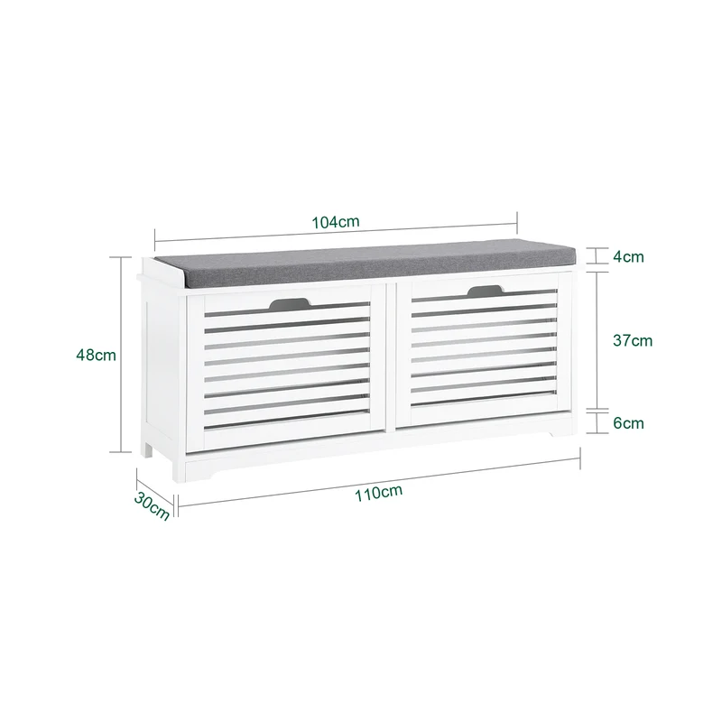 SoBuy FSR184-W Banc à Chaussures avec 2 Abattants et Coussin, pour Entrée et Couloir, Rangement Optimisé, Design Fonctionnel, Compact – L110×P29×H49 cm, Blanc
