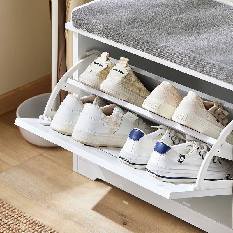 SoBuy FSR184-K-W Banc Chaussures, Rangement pour Chaussures, Armoire à Chaussures, Meuble d'entrée, Coffre avec 1 Abattant et 1 Coussin