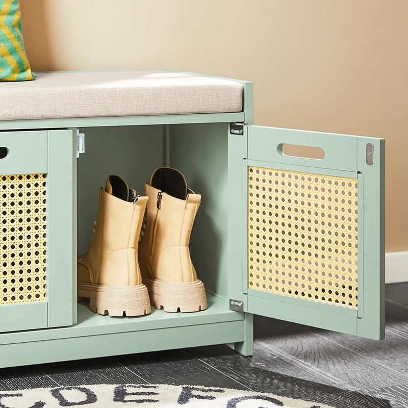 SoBuy FSR182-GR Banc à Chaussures Entrée – Rangement Chaussures avec Coussin Confortable, 2 Portes et Tiroir, Banc d’Entrée pour Salon Couloir – Vert, 90x35x45 cm