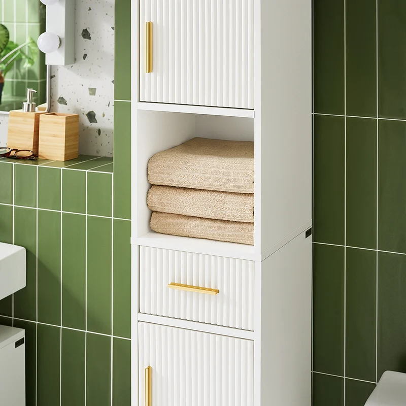 SoBuy BZR181-W Colonne Salle de Bain avec Tiroir et Poignées Métal, pour Salle de Bain et WC, Rangement Optimisé, Design Fonctionnel – L30×P30×H170 cm, Blanc