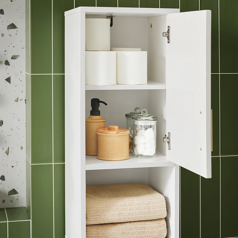 SoBuy BZR181-W Colonne Salle de Bain avec Tiroir et Poignées Métal, pour Salle de Bain et WC, Rangement Optimisé, Design Fonctionnel – L30×P30×H170 cm, Blanc