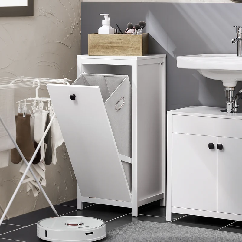 SoBuy BZR96-W Armoire à Linge avec Sac à Linge, Meuble Bas de Salle de Bain, Coffre à Linge, Porte Vêtement