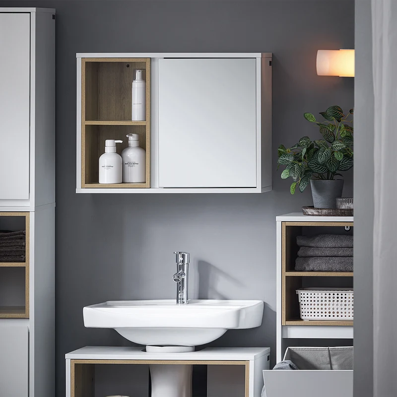 SoBuy BZR149-W Armoire Murale avec Miroir , Placard de Rangement Suspendu, Meuble Haut Salle de Bain avec Porte et 2 Compartiments Ouverts