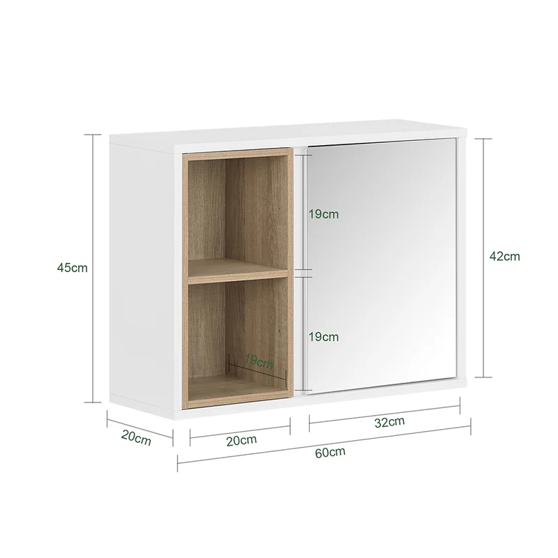 SoBuy BZR149-W Armoire Murale avec Miroir , Placard de Rangement Suspendu, Meuble Haut Salle de Bain avec Porte et 2 Compartiments Ouverts