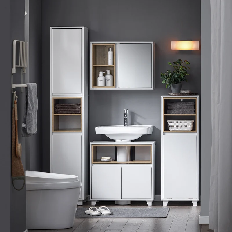 SoBuy BZR149-W Armoire Murale avec Miroir , Placard de Rangement Suspendu, Meuble Haut Salle de Bain avec Porte et 2 Compartiments Ouverts