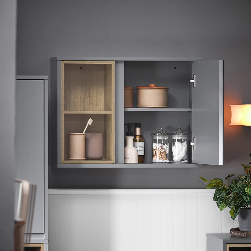 SoBuy BZR149-DG Armoire Murale avec Miroir , Placard de Rangement Suspendu, Meuble Haut Salle de Bain avec Porte et 2 Compartiments Ouverts