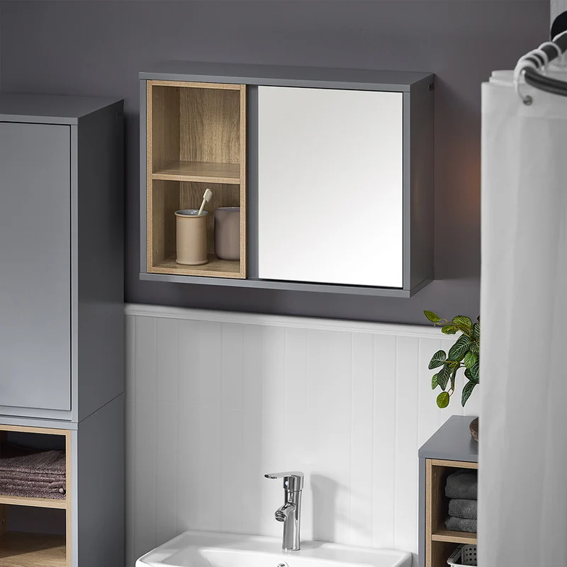 SoBuy BZR149-DG Armoire Murale avec Miroir , Placard de Rangement Suspendu, Meuble Haut Salle de Bain avec Porte et 2 Compartiments Ouverts