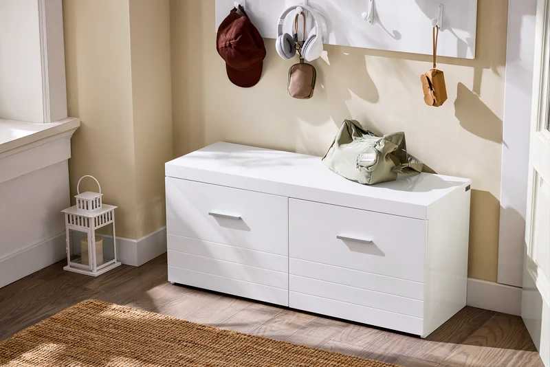 SoBuy FSR178-W Banc à Chaussures avec 2 Portes et Étagères Réglables 3 Hauteurs, Poignées Métal, Charge 227 kg pour Entrée – 100x35x45 cm, Blanc