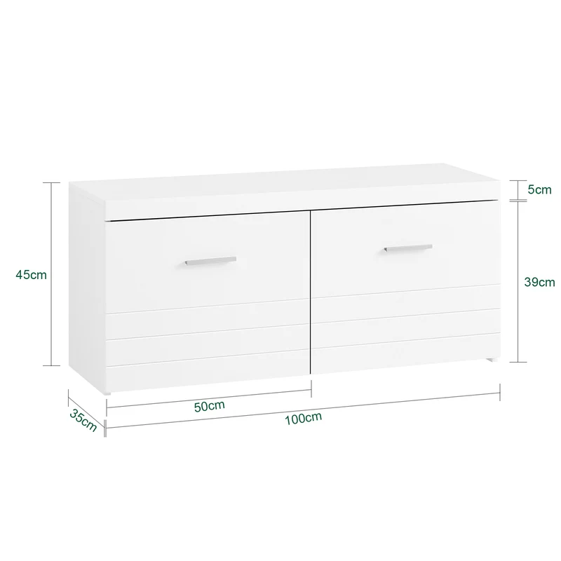 SoBuy FSR178-W Banc à Chaussures avec 2 Portes et Étagères Réglables 3 Hauteurs, Poignées Métal, Charge 227 kg pour Entrée – 100x35x45 cm, Blanc