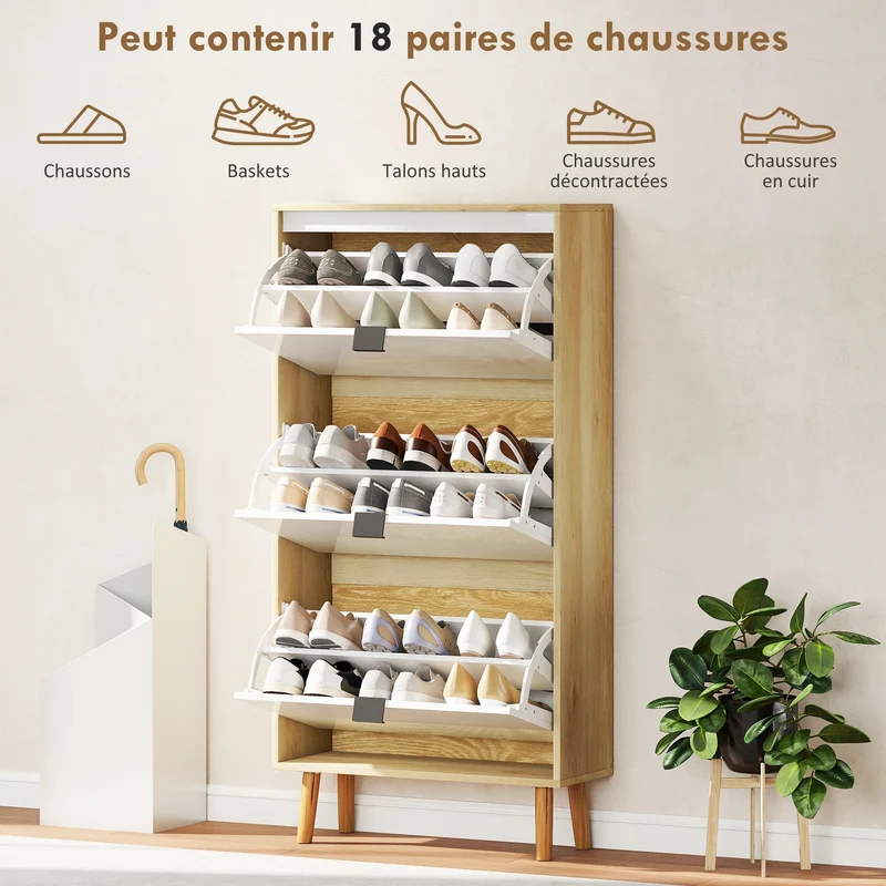 Meuble chaussures blanc 3 abattants 60 x 24 x 127 cm