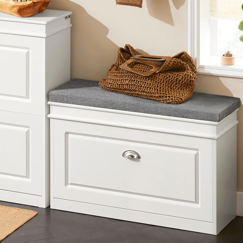 Banc à chaussures compact avec coussin et tiroir
