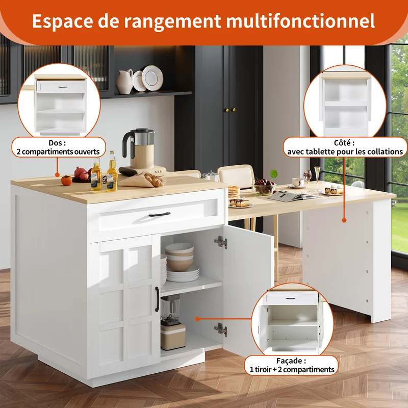 Gangliac Table de bar extensible 133-202cm MDF blanc avec rangements – Îlot de cuisine multifonction