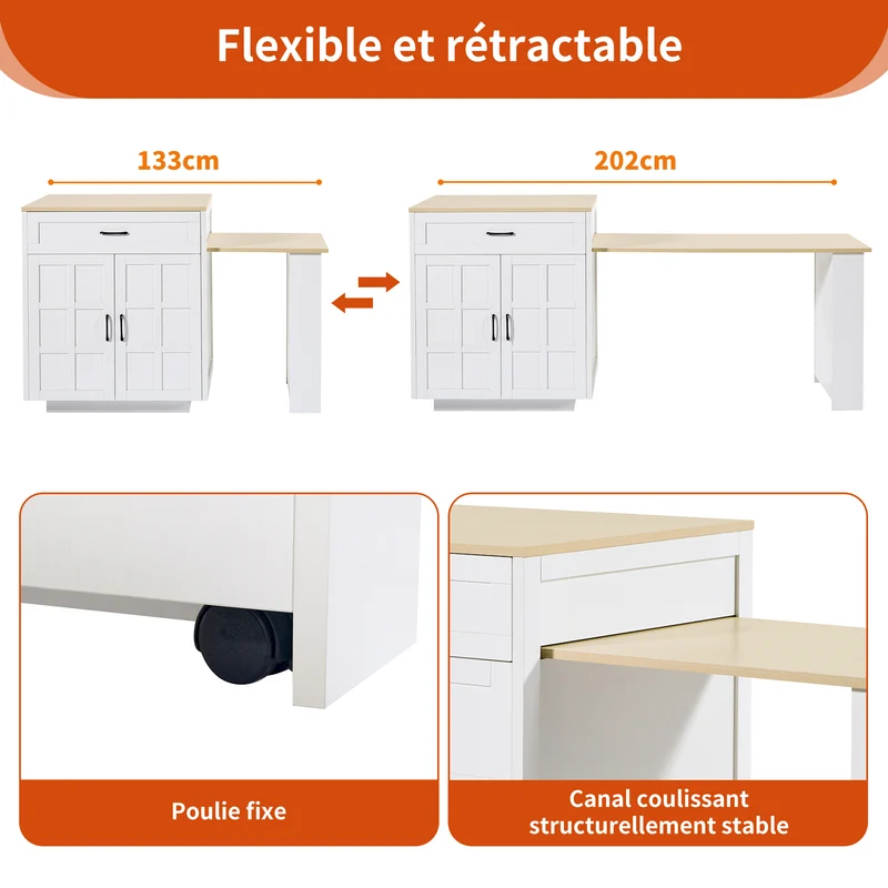 Gangliac Table de bar extensible 133-202cm MDF blanc avec rangements – Îlot de cuisine multifonction
