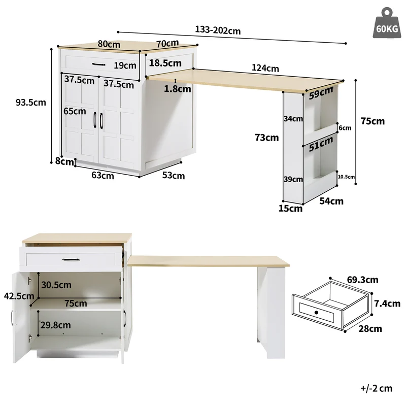Gangliac Table de bar extensible 133-202cm MDF blanc avec rangements – Îlot de cuisine multifonction