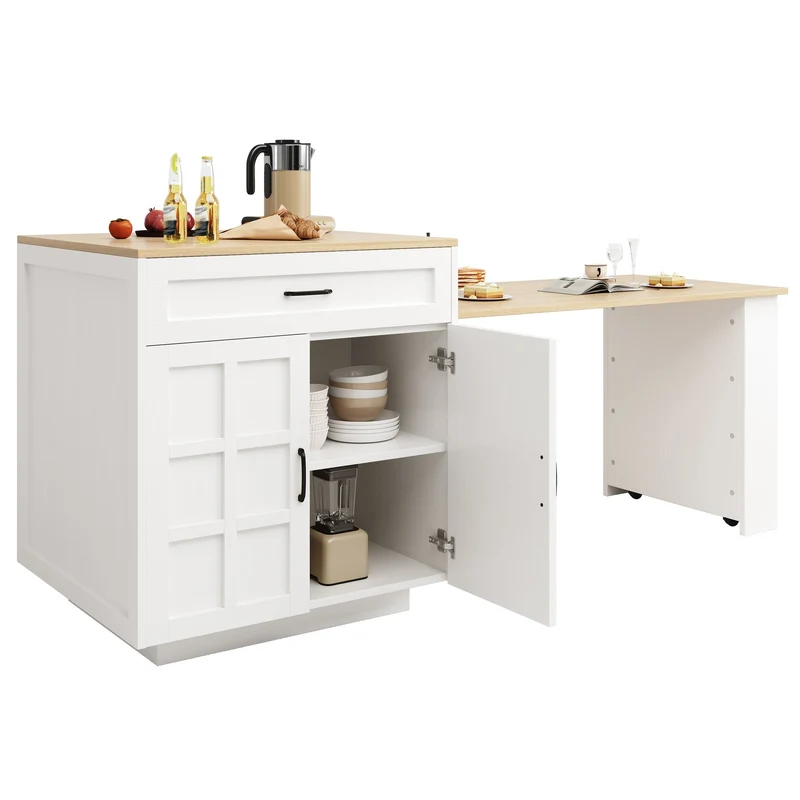 Gangliac Table de bar extensible 133-202cm MDF blanc avec rangements – Îlot de cuisine multifonction