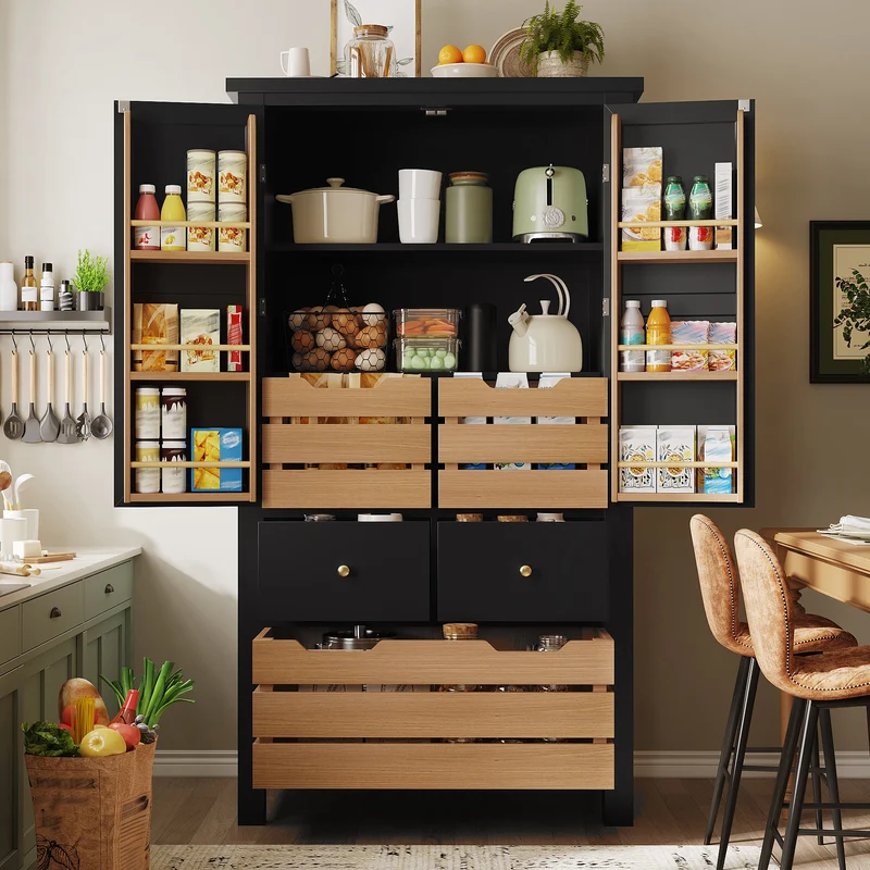 Tomomania Buffet de cuisine haut 80x40x140cm noir/blanc – Armoire de rangement multifonction en MDF, 5 tiroirs, 2 portes, style rétro moderne