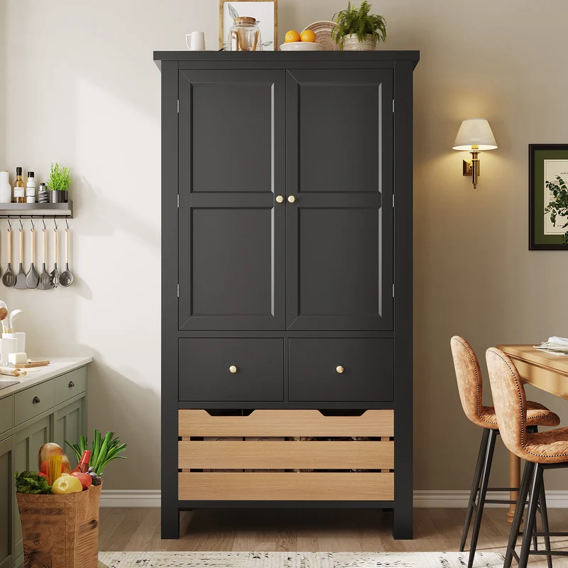 Tomomania Buffet de cuisine haut 80x40x140cm noir/blanc – Armoire de rangement multifonction en MDF, 5 tiroirs, 2 portes, style rétro moderne