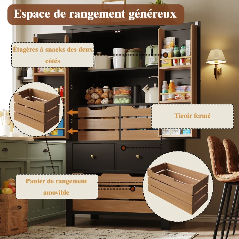 Tomomania Buffet de cuisine haut 80x40x140cm noir/blanc – Armoire de rangement multifonction en MDF, 5 tiroirs, 2 portes, style rétro moderne