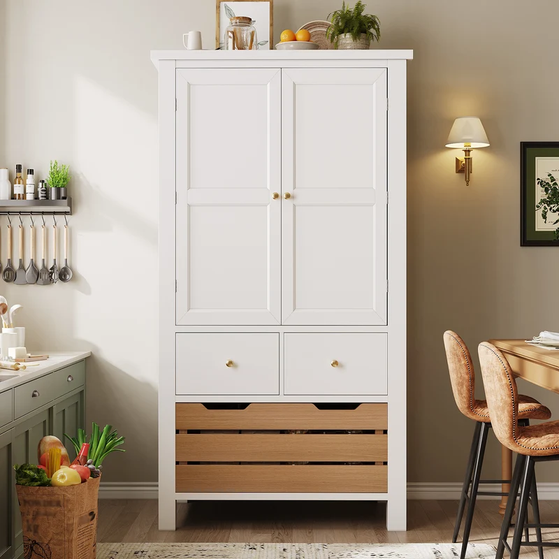 Embroidering Buffet haut de cuisine 80x40x140cm, armoire de rangement noire/blanche, 5 tiroirs, style rétro moderne, MDF robuste