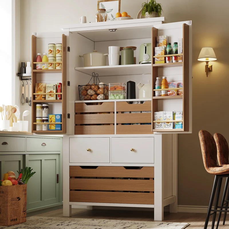 Embroidering Buffet haut de cuisine 80x40x140cm, armoire de rangement noire/blanche, 5 tiroirs, style rétro moderne, MDF robuste