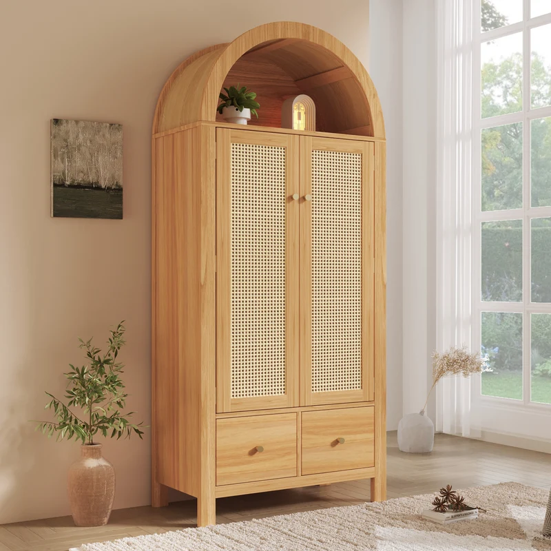 Uneccentrically Armoire 181x78x45 cm en bois chêne avec portes en rotin, style campagne, 2 tiroirs et penderie