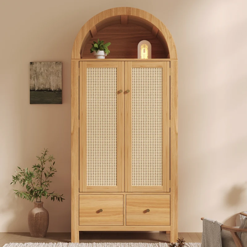 Uneccentrically Armoire 181x78x45 cm en bois chêne avec portes en rotin, style campagne, 2 tiroirs et penderie