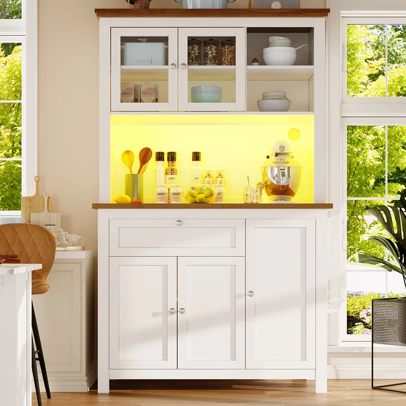 Subcantor Buffet haut 104x40x180cm blanc en MDF avec LED, style moderne, étagères réglables, vitrine et porte coulissante
