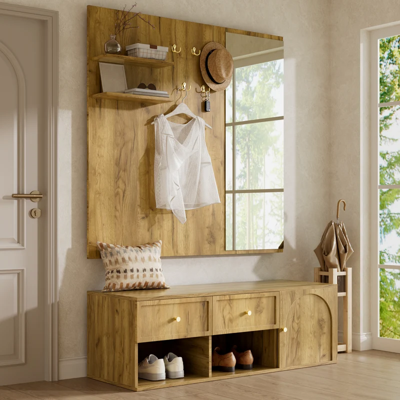Vestiaire à l'entrée effet bois et miroir avec banc et rangement à chaussures 120cm SCREENMAX