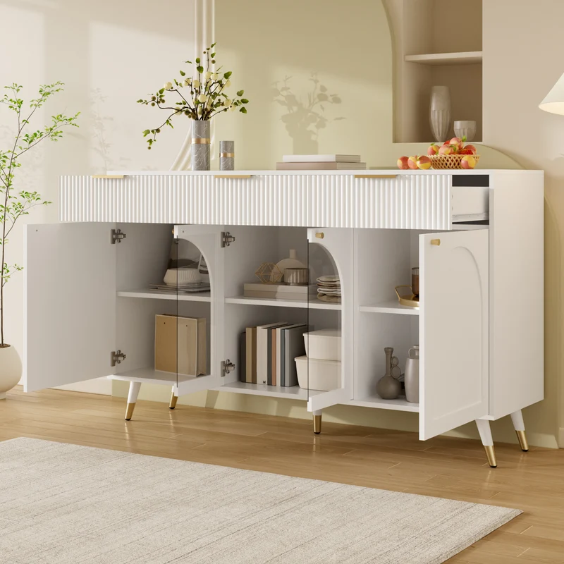 Buffet blanc motif texturé et vitrine avec 4 portes et 3 tiroirs, style moderne 140cm RUSTICLAMP