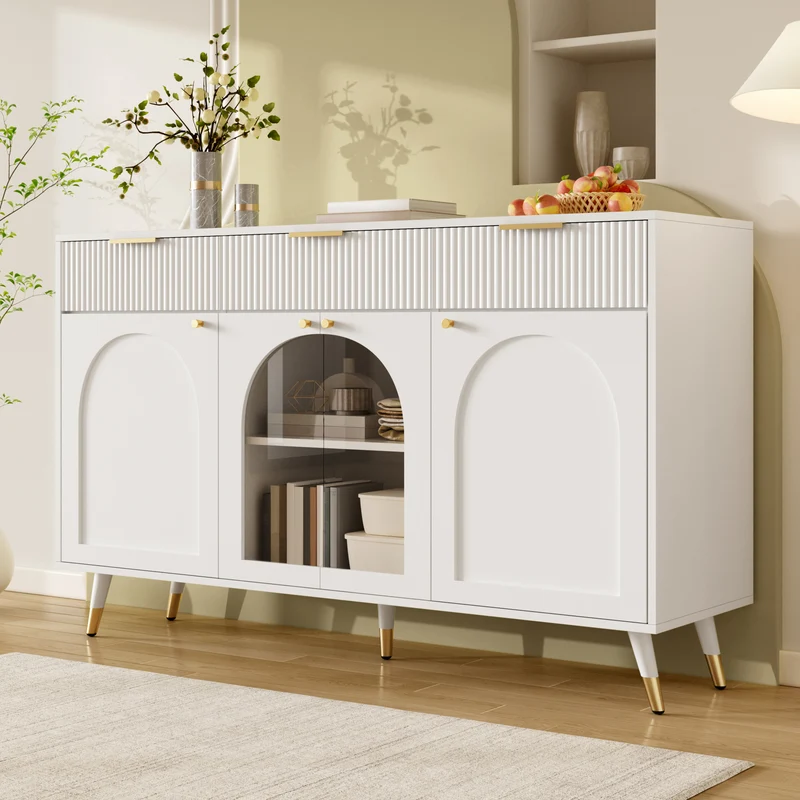 Buffet blanc motif texturé et vitrine avec 4 portes et 3 tiroirs, style moderne 140cm RUSTICLAMP