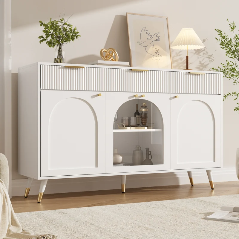 Buffet blanc motif texturé et vitrine avec 4 portes et 3 tiroirs, style moderne 140cm RUSTICLAMP