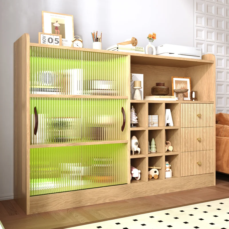 Buffet effet bois avec LED, portes vitrées et range-bouteilles 120×85×30cm RUSTICSCREENART