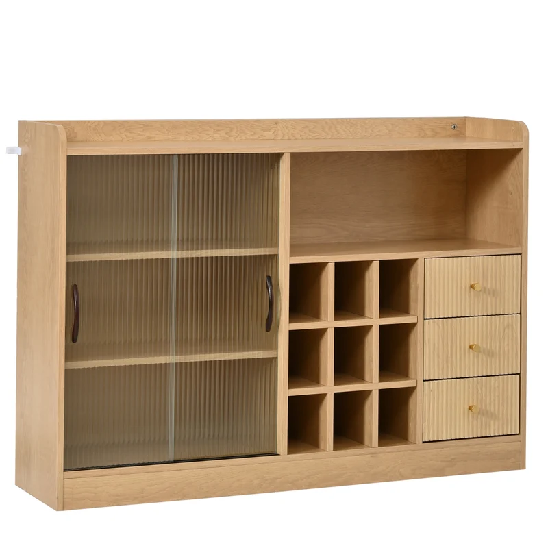 Buffet effet bois avec LED, portes vitrées et range-bouteilles 120×85×30cm RUSTICSCREENART