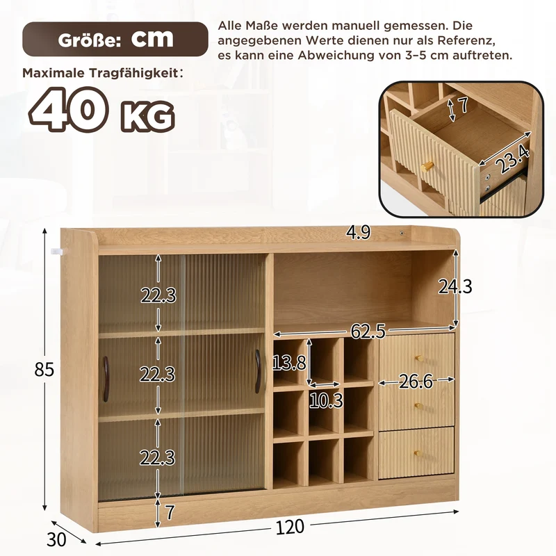 Buffet effet bois avec LED, portes vitrées et range-bouteilles 120×85×30cm RUSTICSCREENART