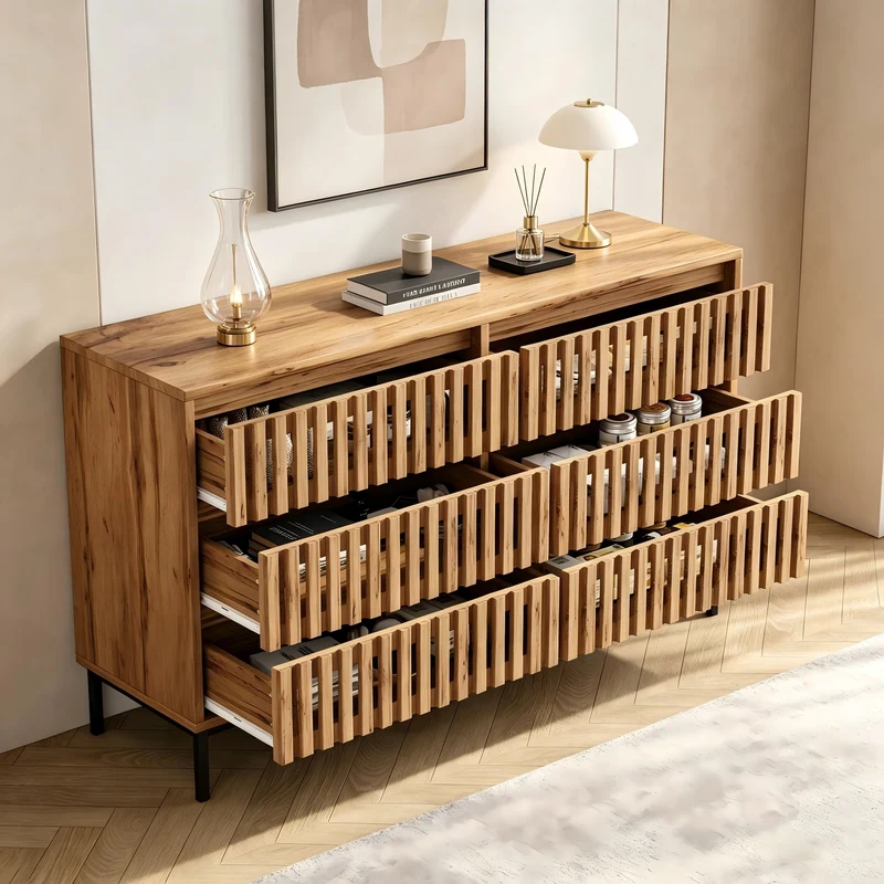 Buffet effet bois 6 tiroirs, style cannage 120x40x81cm RUSTICPANELHOME